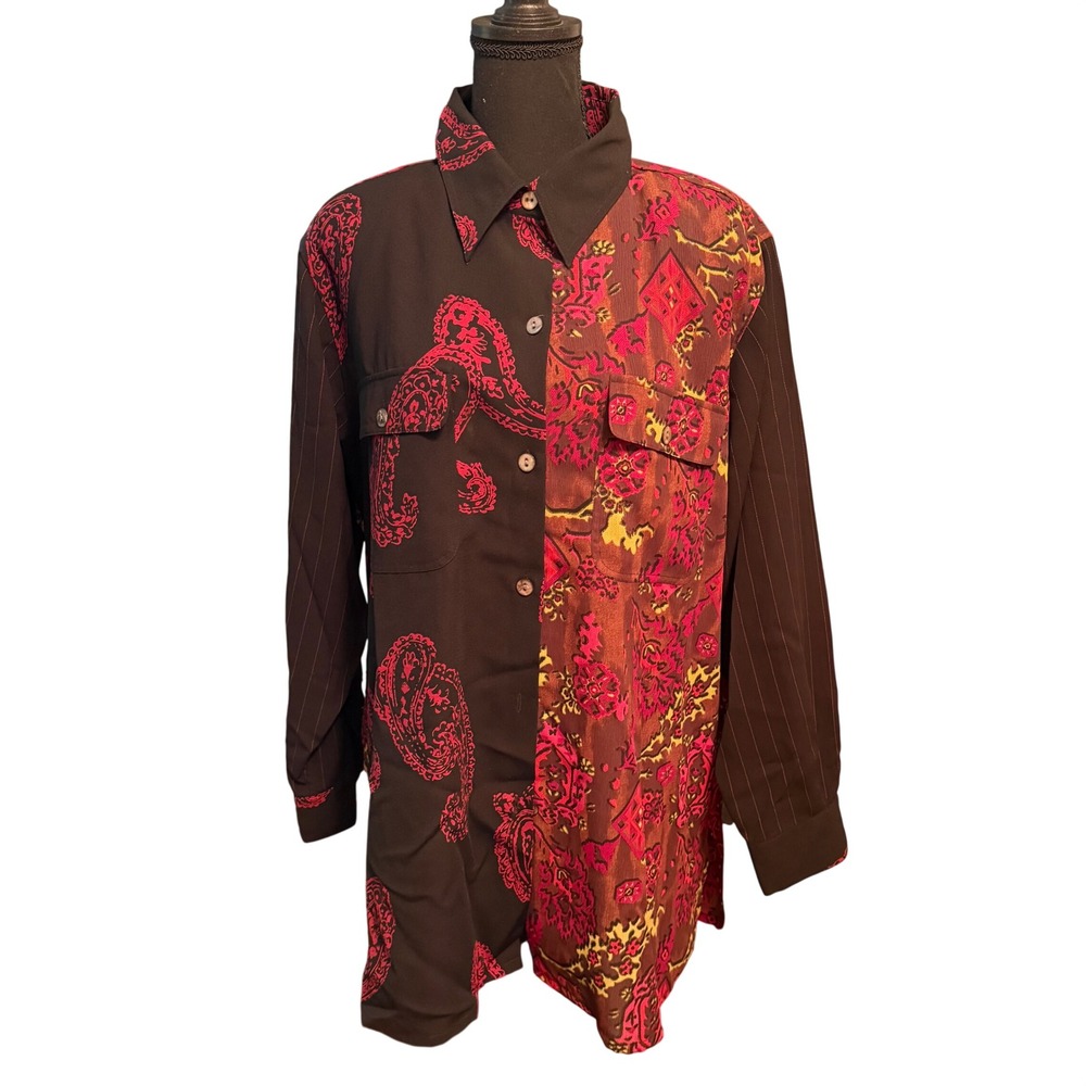 KOOS of course Paisley & Geometric Print Colorblock Button Down Shirt Top 1X